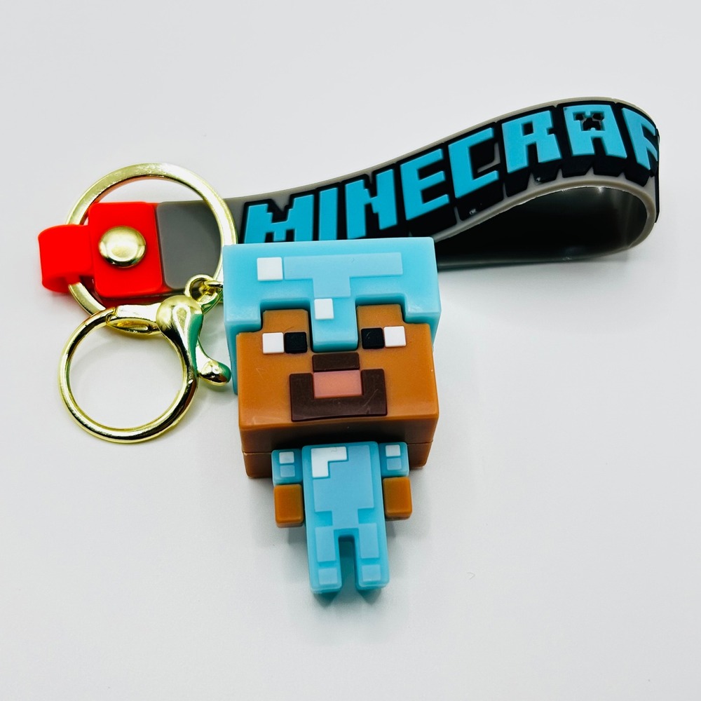 Steve Minecraft Keychain Unisex OS Blue Diamond Armor Rubber Figure Wristlet